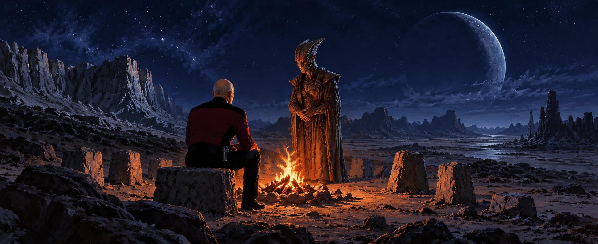 A captain in a red uniform sits by a campfire on a barren moonlit planet facing a tall robed alien with a ridged head among standing stones.