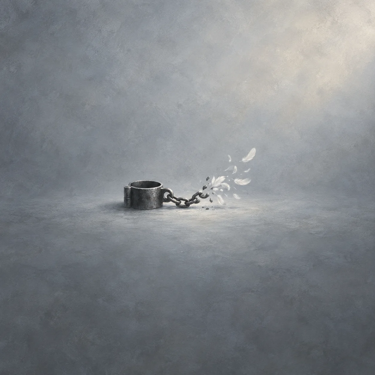 A dark iron cuff rests on a gray surface, its short chain trailing toward scattered white feathers.