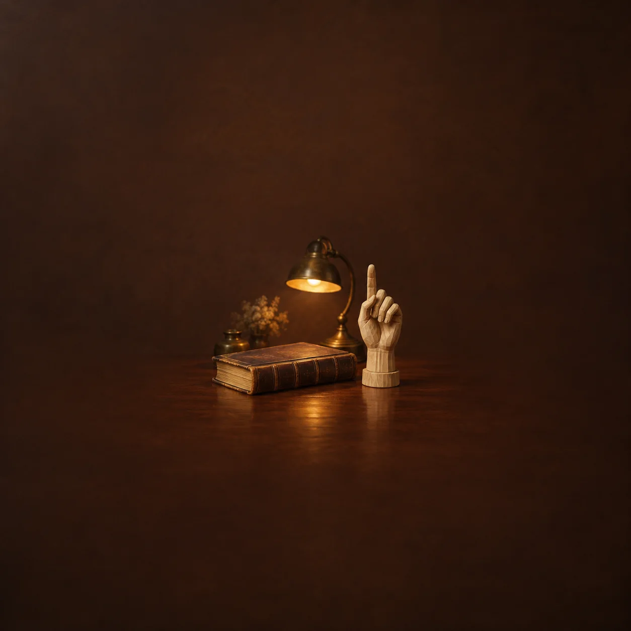 Painterly closed book and carved wooden hand with a raised finger beneath a desk lamp.