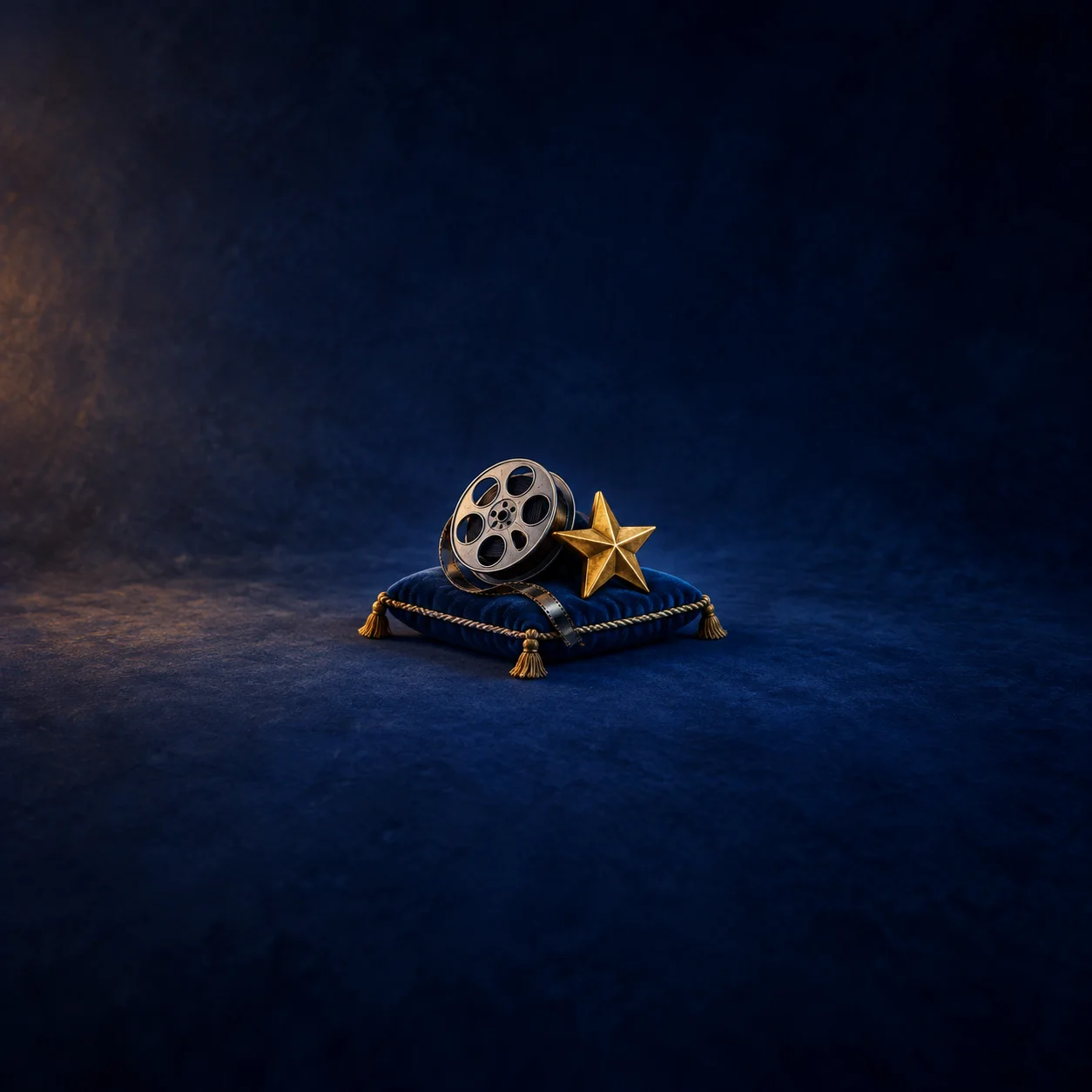 A film reel and a gold star rest on a blue velvet cushion with gold tassels against a dark-blue background.