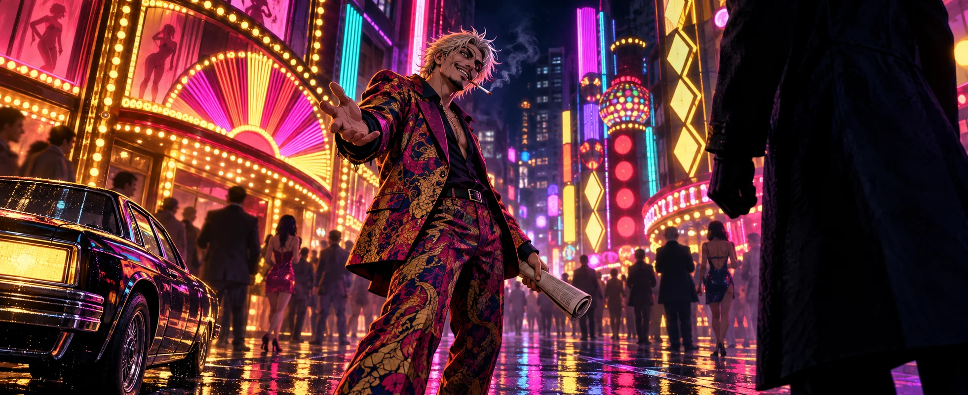 A wild man in a snakeskin jacket greets a shadowy figure on a neon-lit nightlife street.