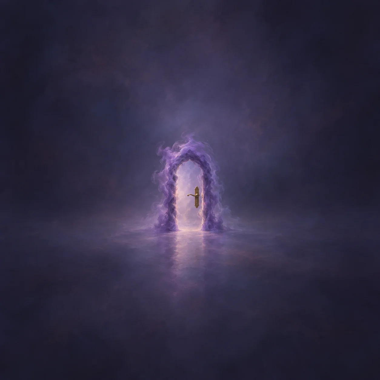 A brass door handle floats inside a glowing arch of violet mist above a reflective dark surface.