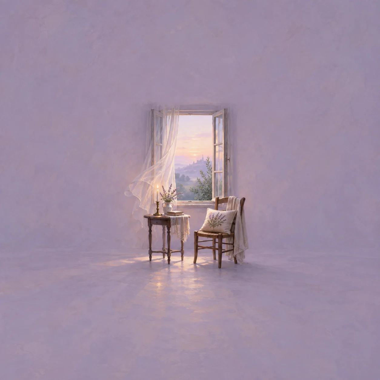 A candle and flowers sit on a small table beside a cushioned chair beneath an open window with a billowing sheer curtain.