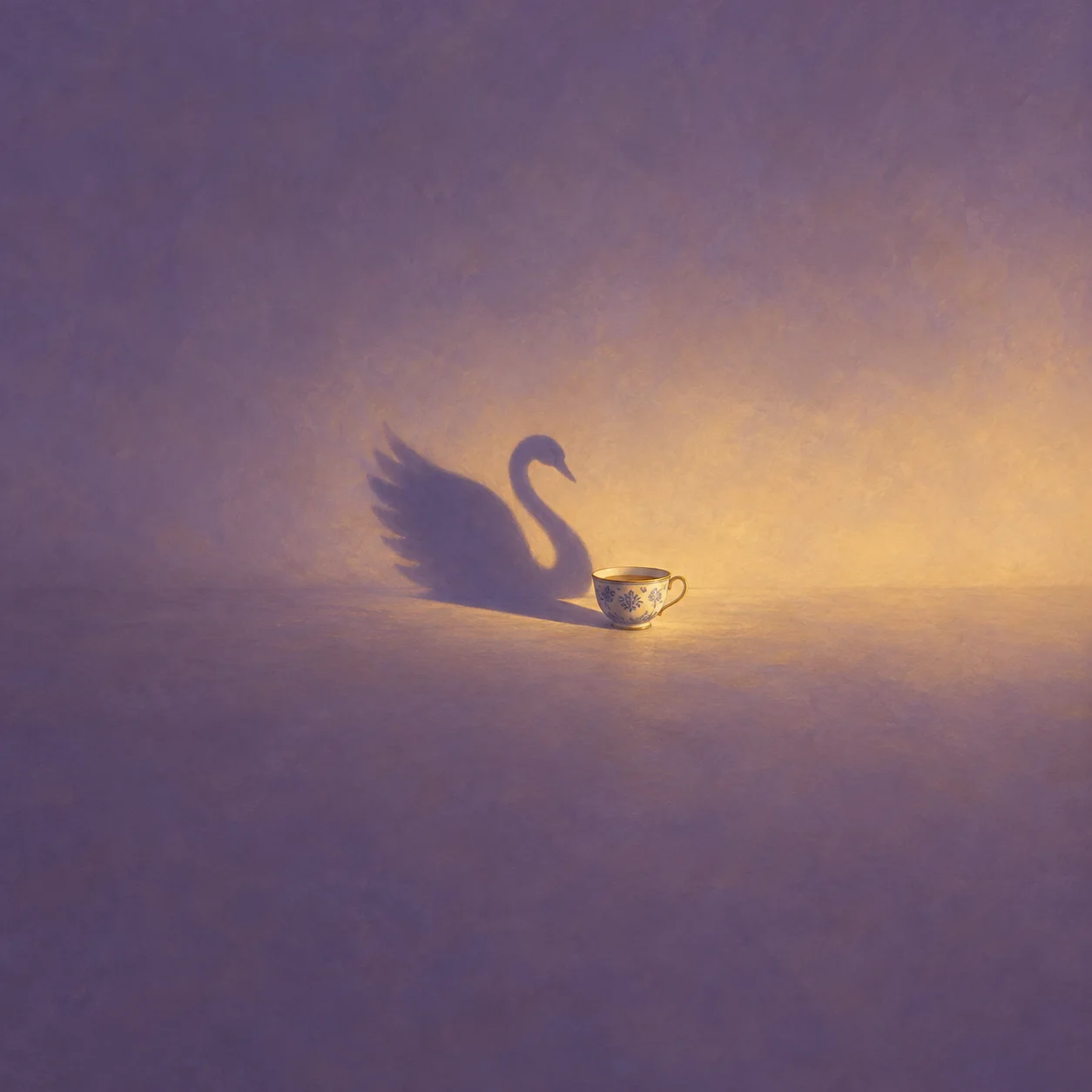 A small teacup casting a large swan-shaped shadow across a violet-and-gold background.