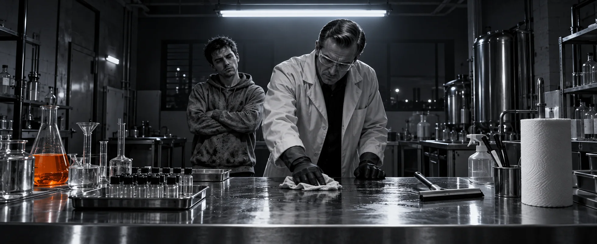 A man in a lab coat wipes down a gleaming steel lab bench as a young man in a hoodie looks on.