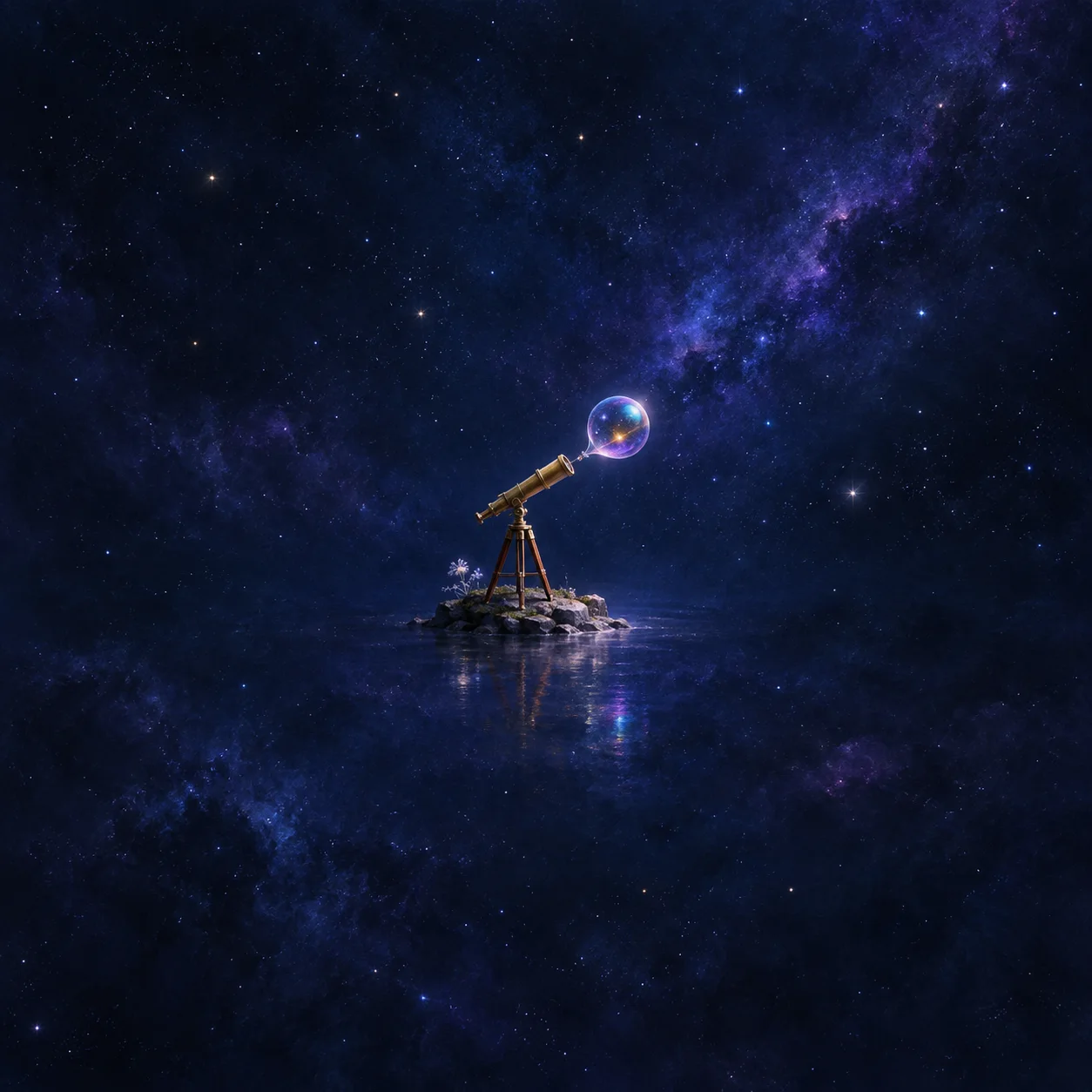 A brass telescope on a tripod points towards a shimmering bubble beneath a star-filled blue sky.