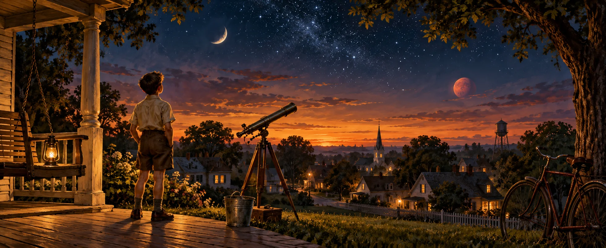 A boy stands on a wooden porch at dusk looking up at the stars and a red planet, a brass telescope and a bicycle on the lawn of a small town.