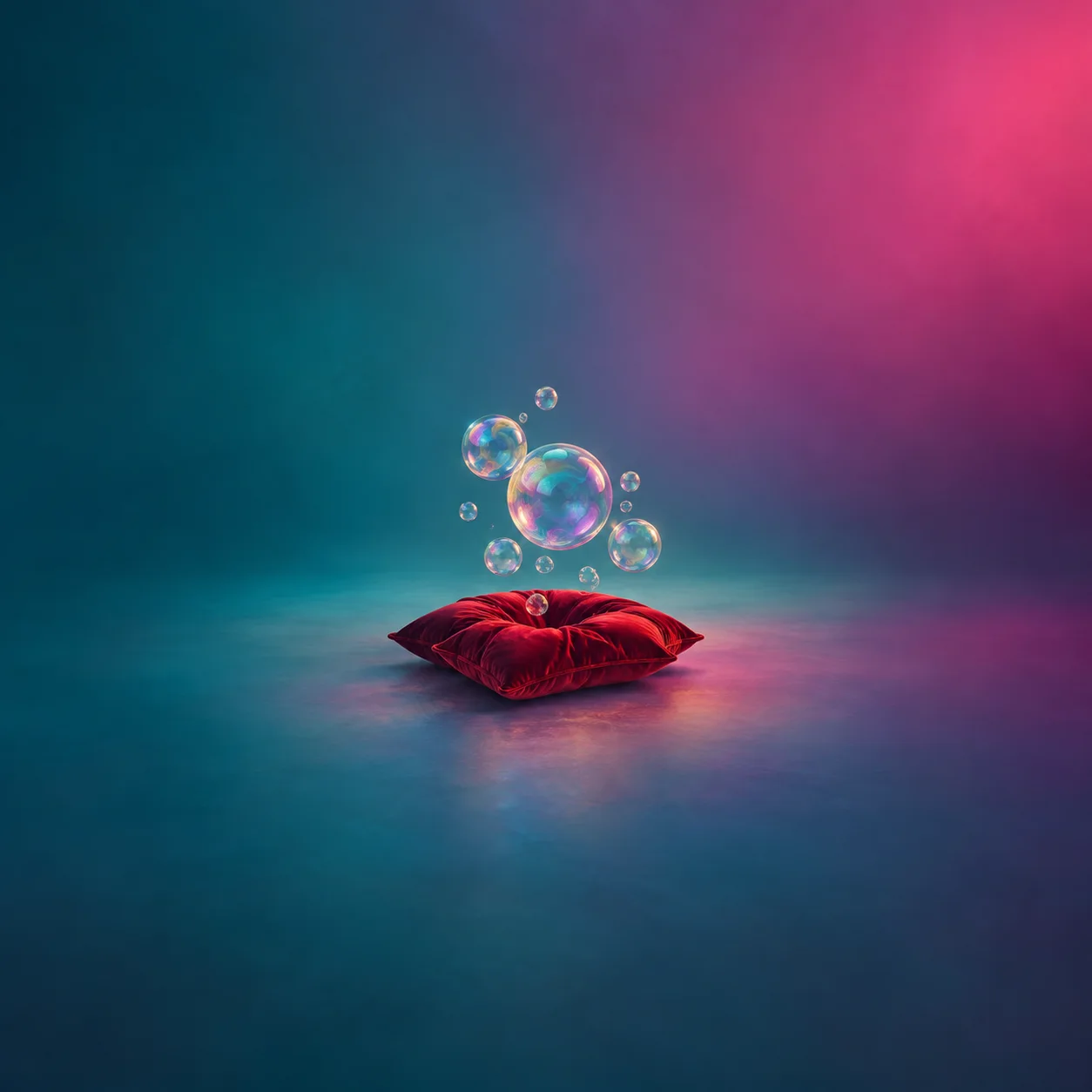 Iridescent soap bubbles float above a rumpled red velvet cushion against teal and magenta.