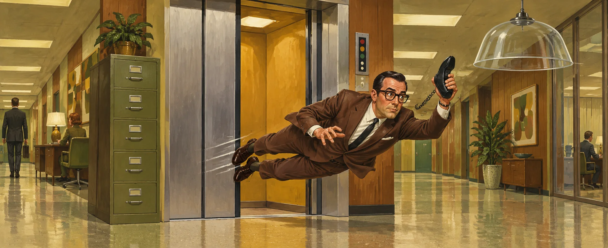 1960s painted illustration of a secret agent in a brown suit and dark-rimmed glasses diving sideways through closing elevator doors, holding a shoe telephone, a glass dome hanging in the office behind.