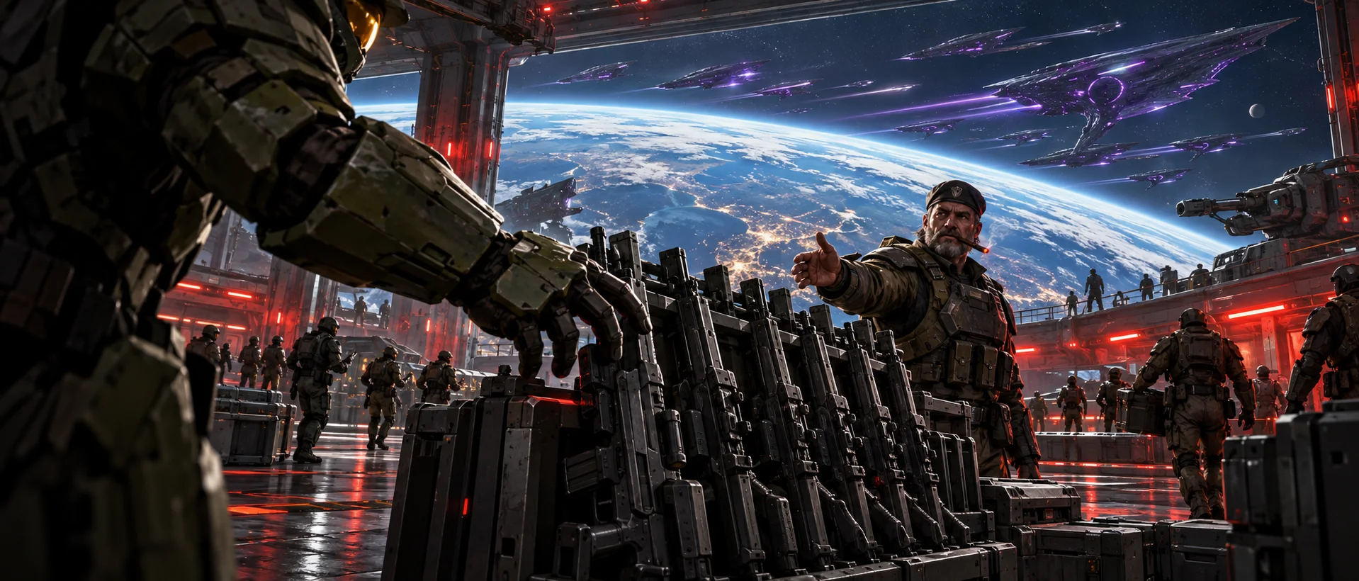 A huge olive-armoured gauntlet reaches for a rack of assault rifles in an orbital station armoury as a cigar-chewing sergeant gestures toward it; through the viewport, Earth's curve and a fleet of violet alien warships.
