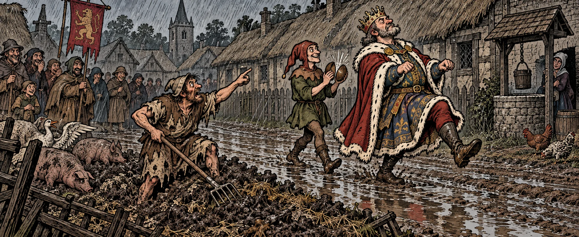 A muddy peasant with a pitchfork shouts at a crowned king who strides past on foot while his servant clops coconut halves behind him.