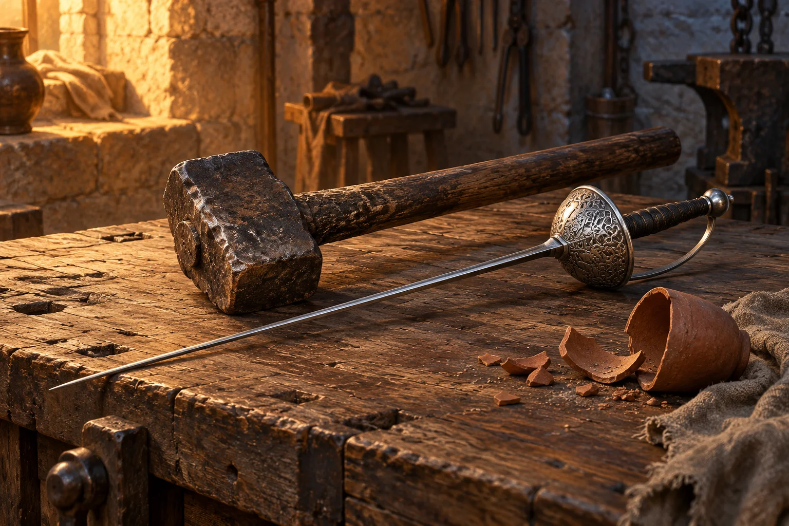 A rough iron hammer and a slender ornate sword lie on a worn workbench beside a broken clay cup.