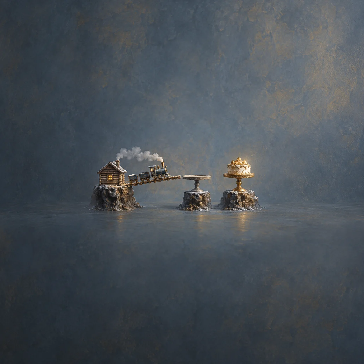A miniature train crosses a narrow bridge from a log cabin toward a separate gilded cake stand on rocky pillars.