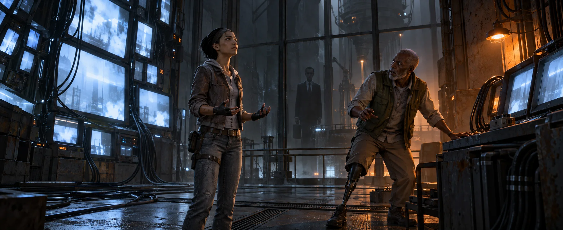 In a dim lab of screens and cables, Alyx Vance stands in a trance as her father Eli, grey-bearded with a prosthetic leg, recoils, a suited figure faintly reflected in the dark glass behind.