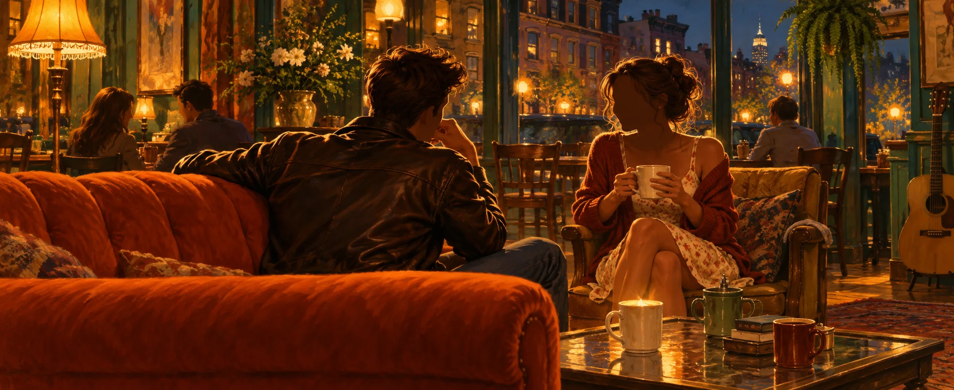 Warm illustration of a coffee house at night: a man in a leather jacket leans back on a big orange sofa, turning with an easy grin toward a woman holding a mug in the armchair beside him.