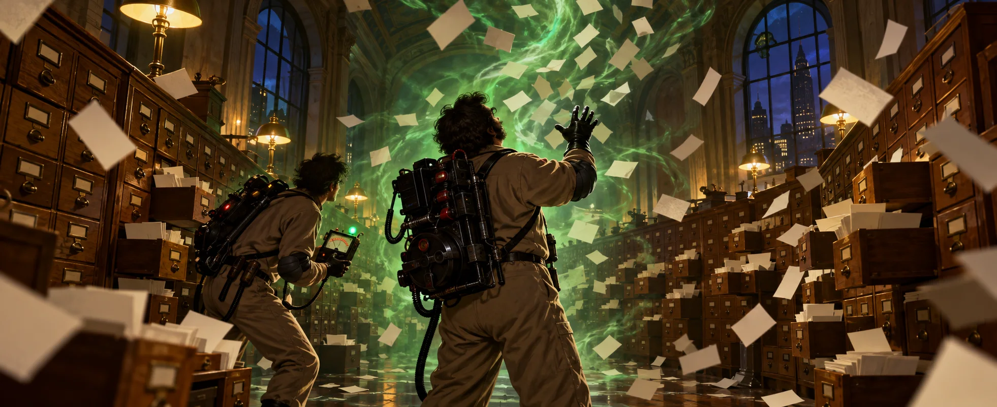 Two men in jumpsuits with backpack gear stand amid flying index cards and a green glow in a library's card-catalogue room.
