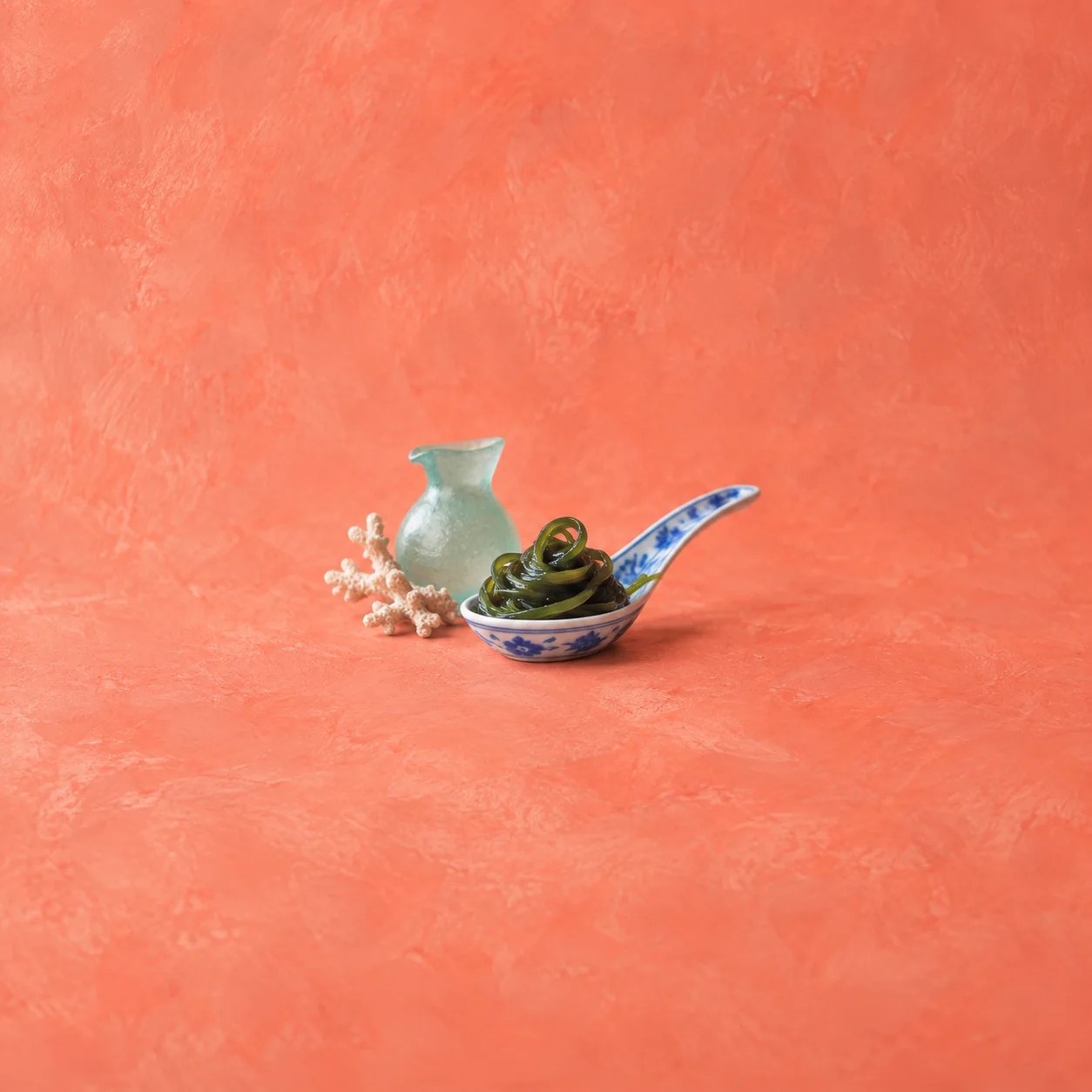 Coiled green kelp rests in a blue-and-white porcelain spoon beside a pale glass pitcher and white coral.
