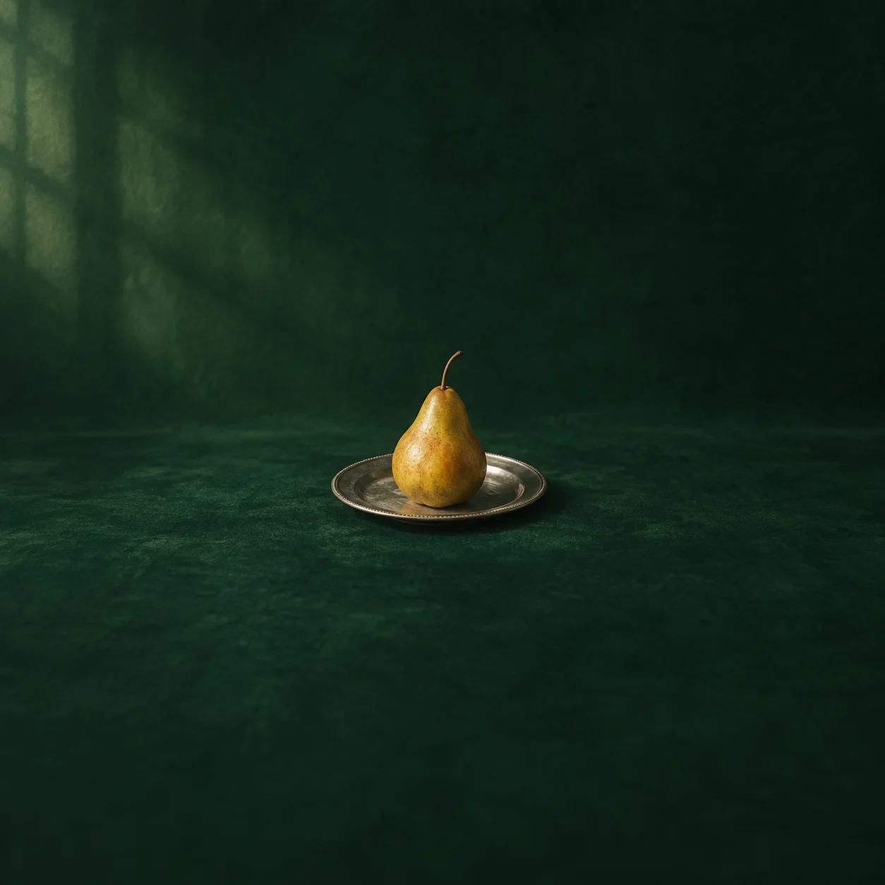 A golden pear resting on a small silver plate against deep green velvet.