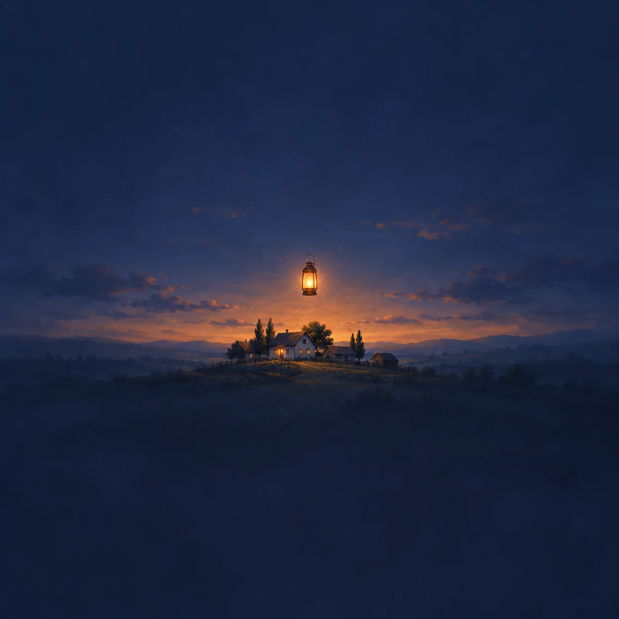 A glowing lantern floats above a small farmhouse and trees in a dark blue landscape beneath an orange evening sky.