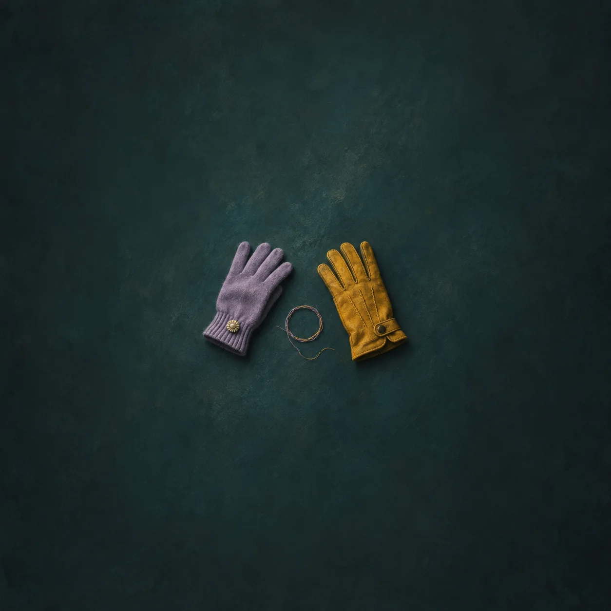 A lilac glove and a mustard glove lying side by side with a loop of thread between them on a dark teal background.