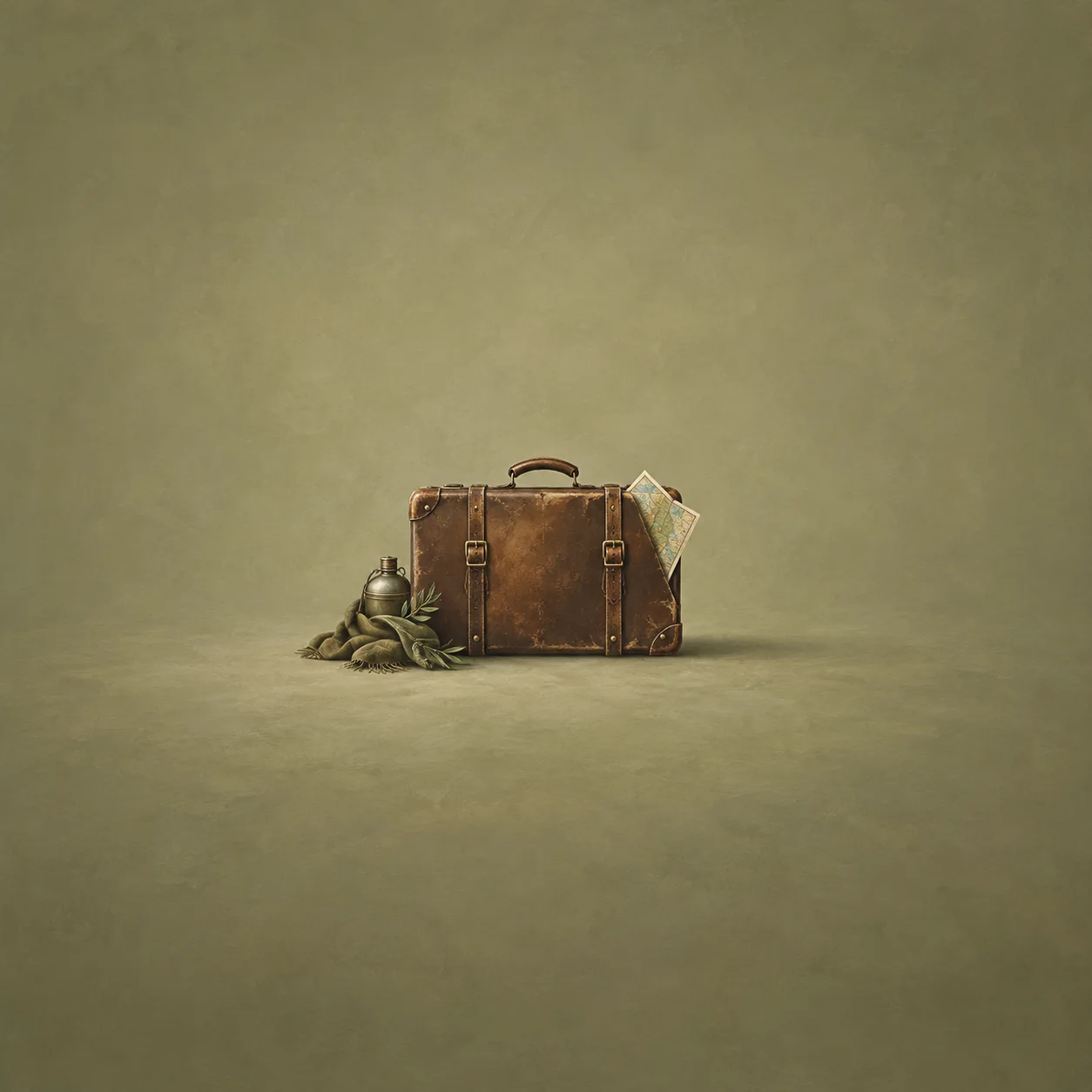 Painterly worn leather suitcase with a map tucked beside its latch and green travel items nearby.