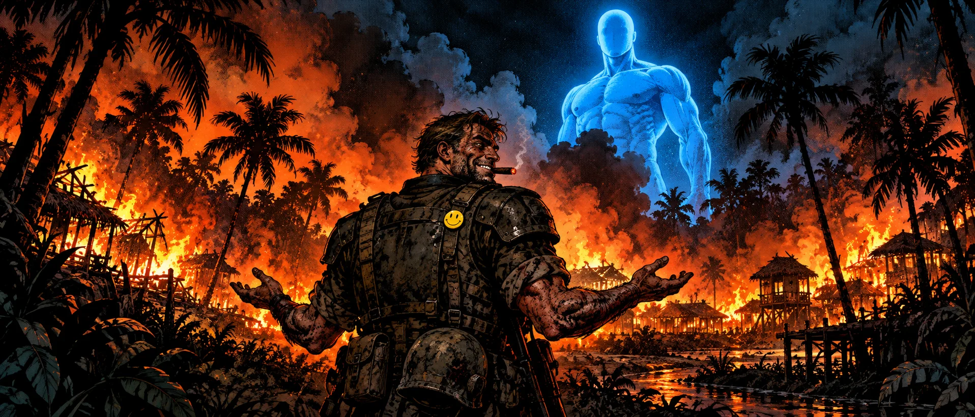 A grizzled soldier in black armour with a cigar and a yellow smiley badge shrugs before a burning jungle village as a glowing blue giant towers in the smoke.
