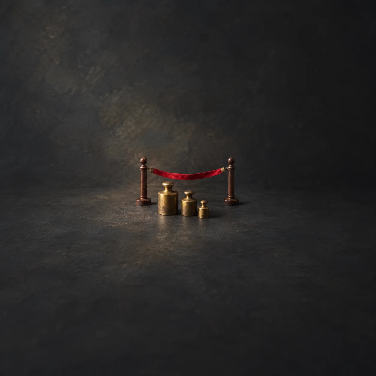 Three brass weights sit in front of a red ribbon stretched between two wooden posts on a dark surface.