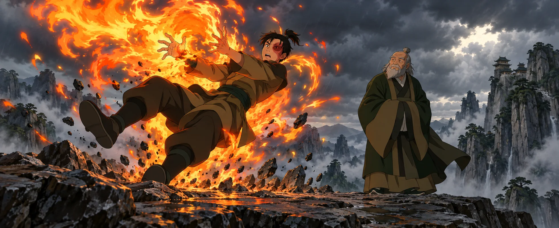 A young man with a scarred face is blasted backwards by an explosion of fire on a rocky mountaintop, as his uncle in a robe watches calmly.