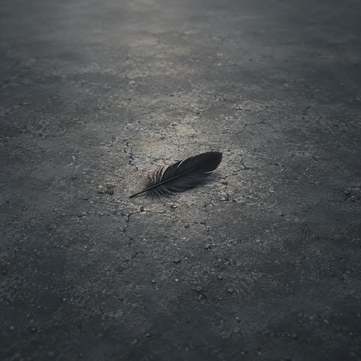 A single black feather lies on cracked grey ground.