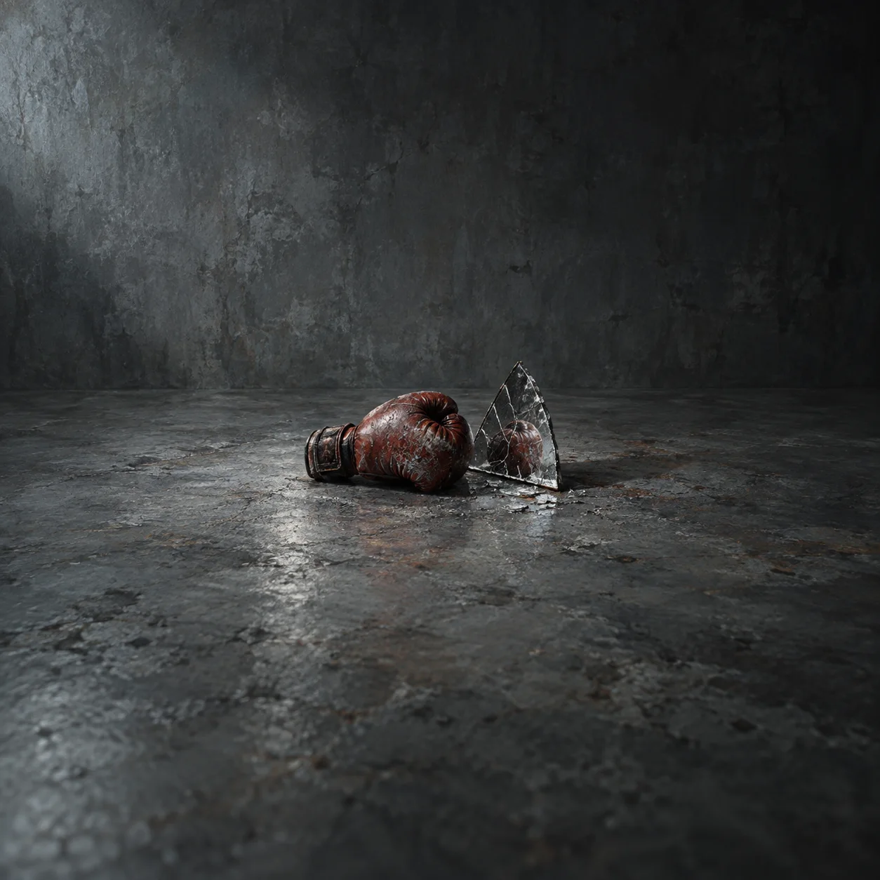 Painterly worn brown boxing glove beside a broken mirror shard on a concrete floor.