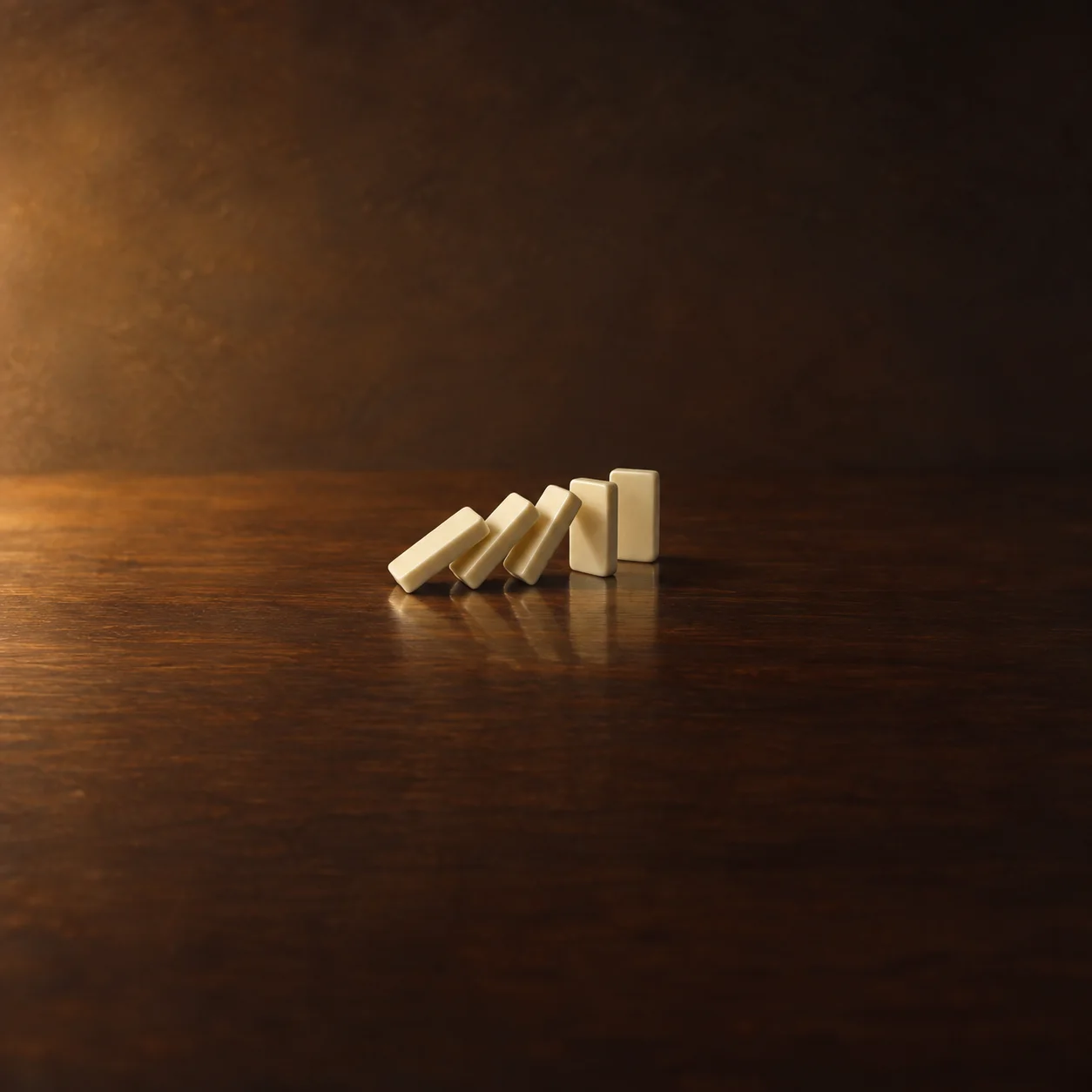 A short row of plain ivory domino tiles topples across a polished wooden surface in warm light.