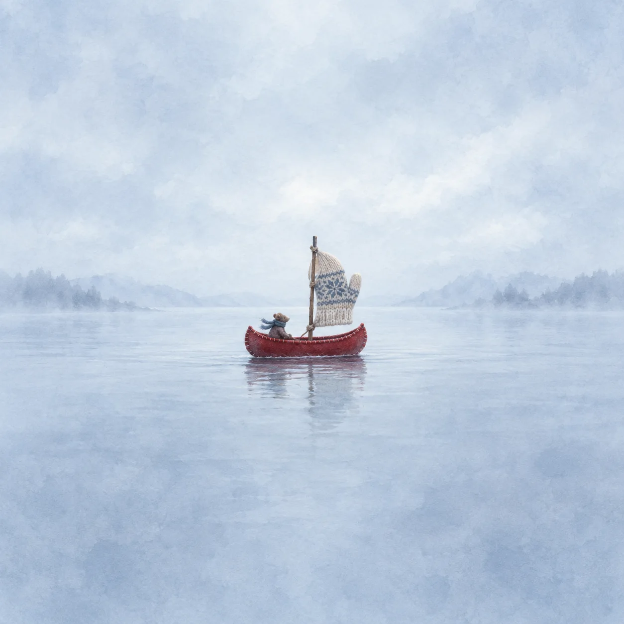 A small red canoe with a knitted mitten sail floats on a calm grey-blue lake.