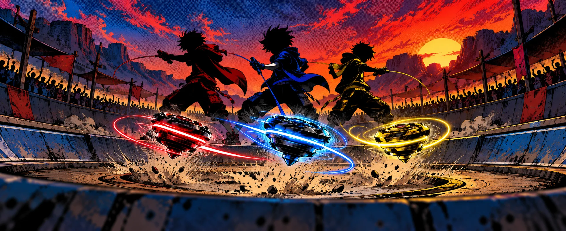 Three kids fling spinning tops that streak red, blue and gold light across a battle dish in a roaring stadium at sunset.