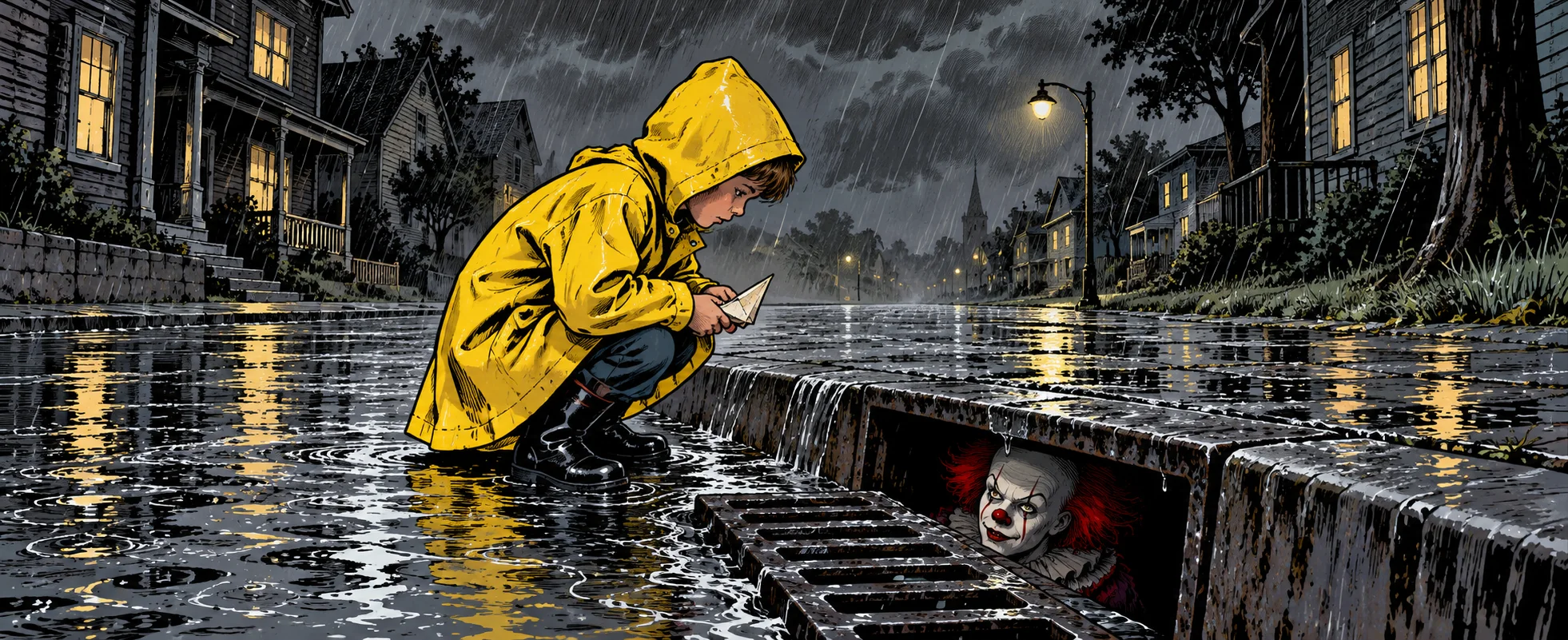 A small boy in a yellow raincoat crouches by a flooded gutter holding a paper boat as a white-faced clown peers up from the storm drain.