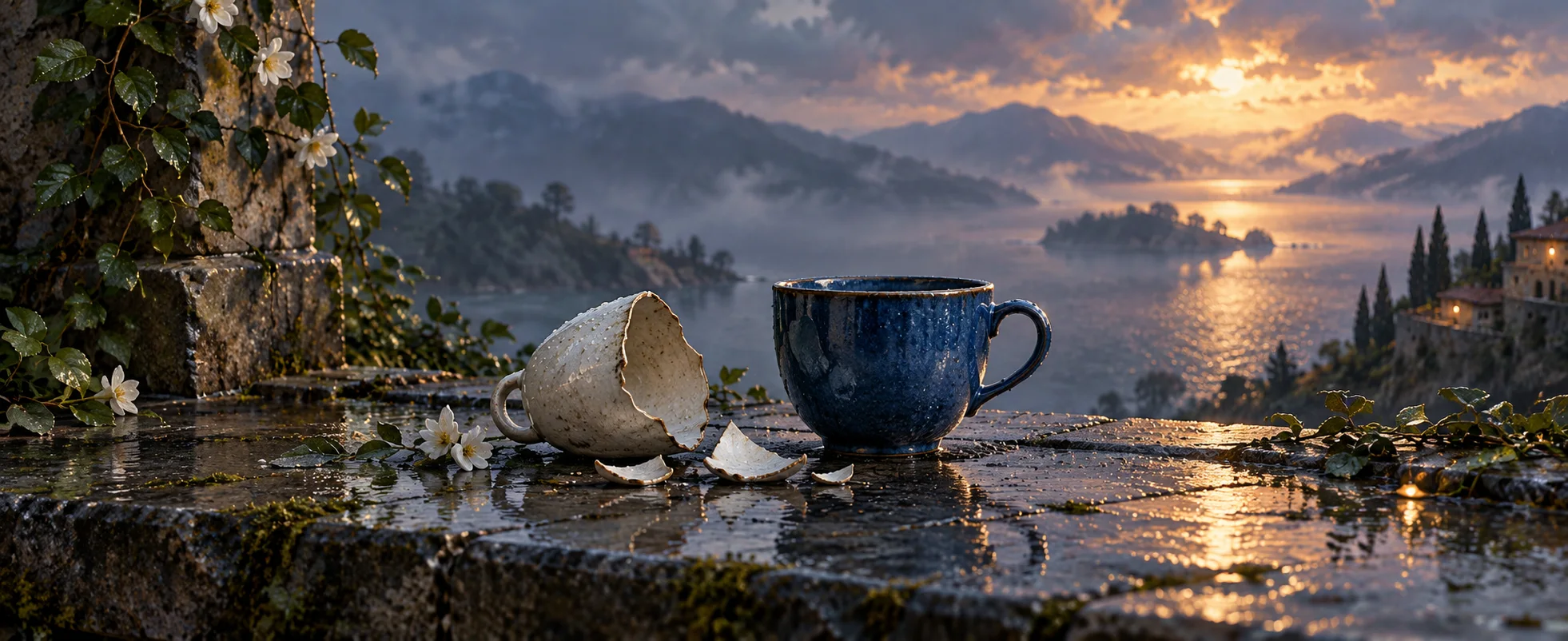 A broken pale cup lies beside an unbroken blue cup on rain-wet stone.