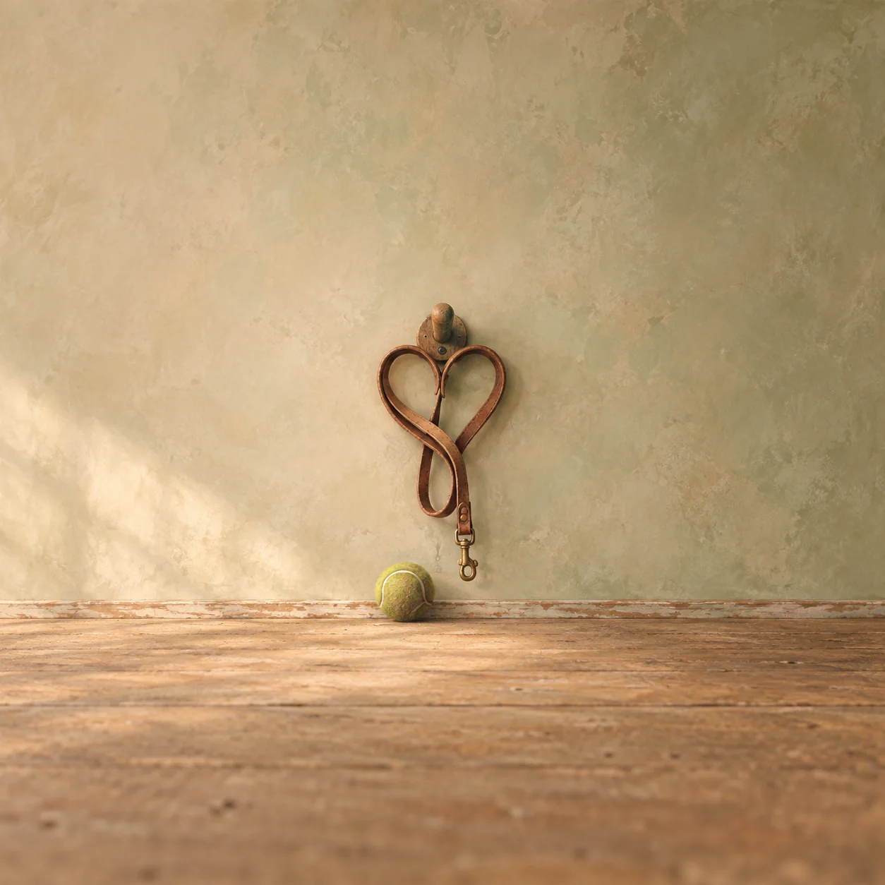 A worn leather dog lead hangs in a heart-shaped loop above a tennis ball on a wooden floor.