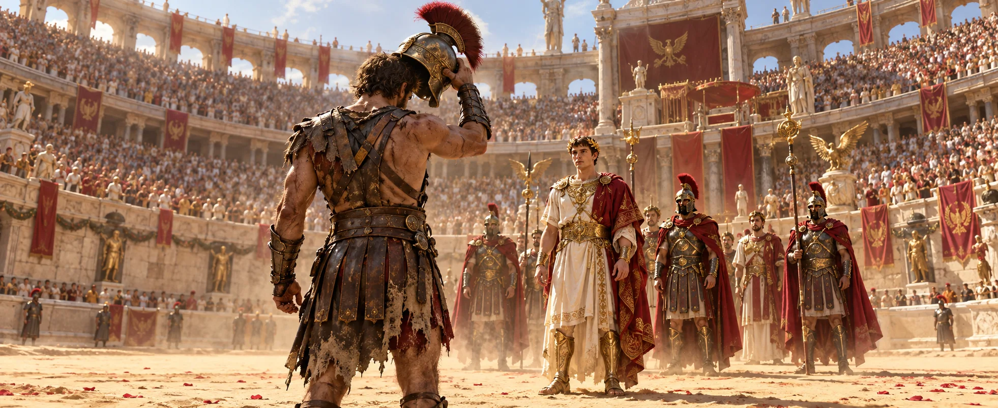 A gladiator removes his helmet before a young emperor in white and gold on the sunlit sand of the Colosseum.