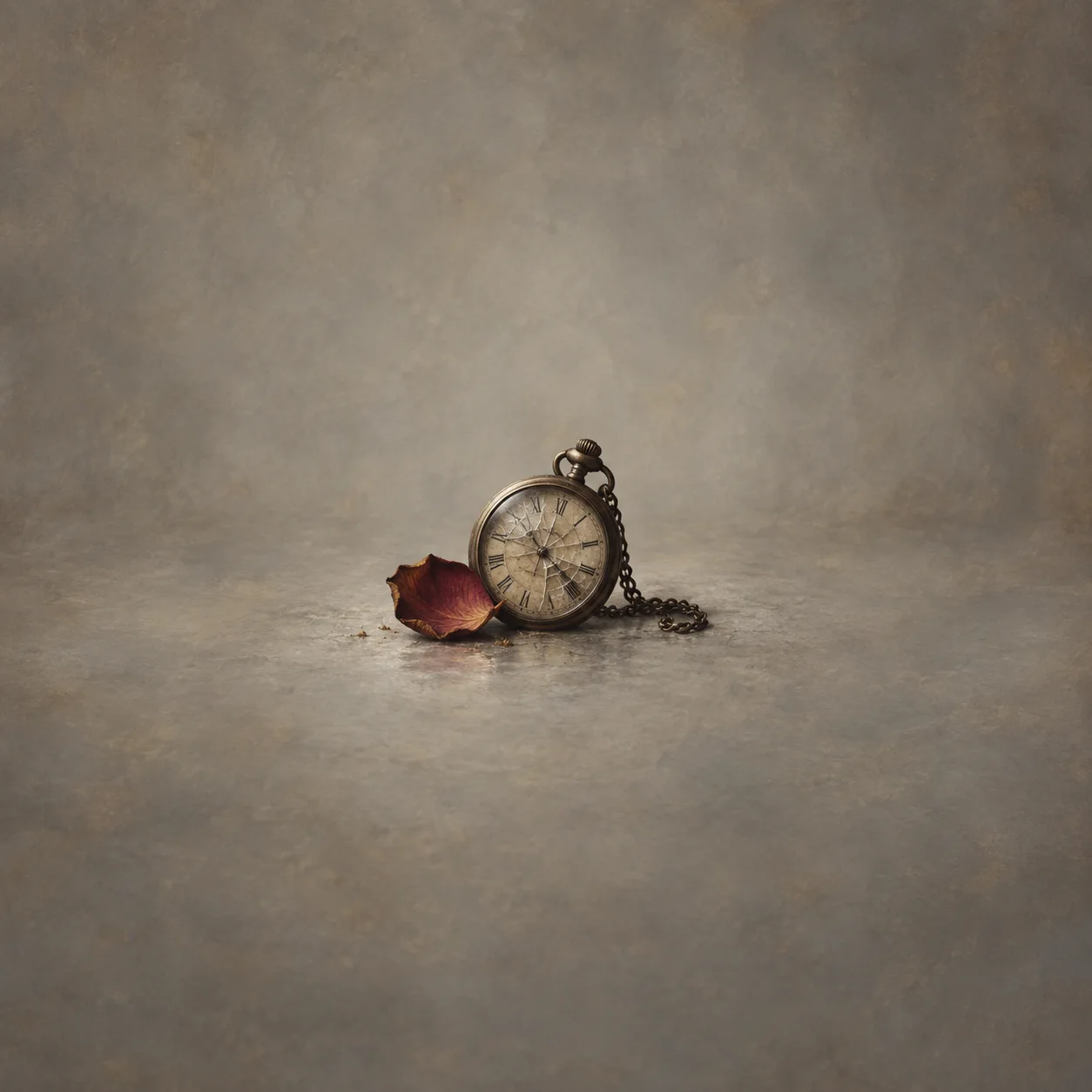 Painterly cracked antique pocket watch and chain beside a wilted rose petal.