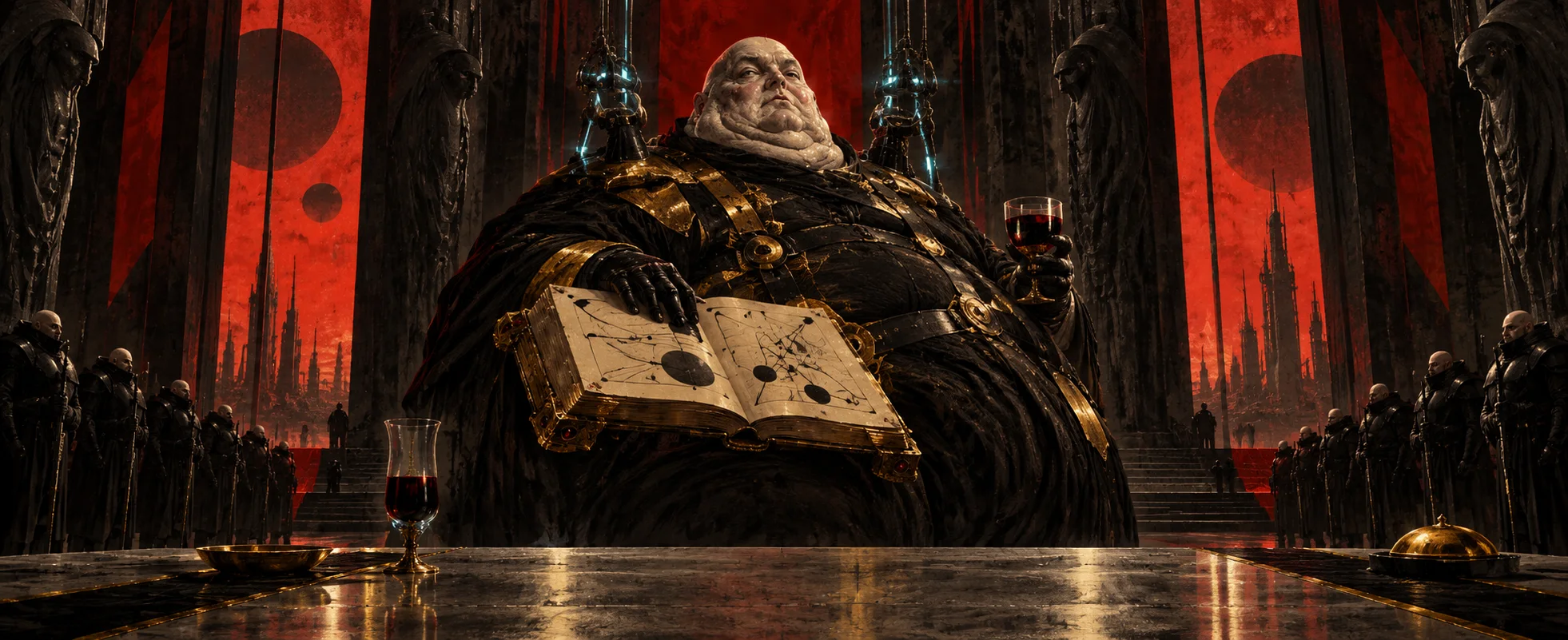 A grotesquely corpulent nobleman in black and gold sits enthroned with a ledger and wine in a red-walled throne room lined with guards.