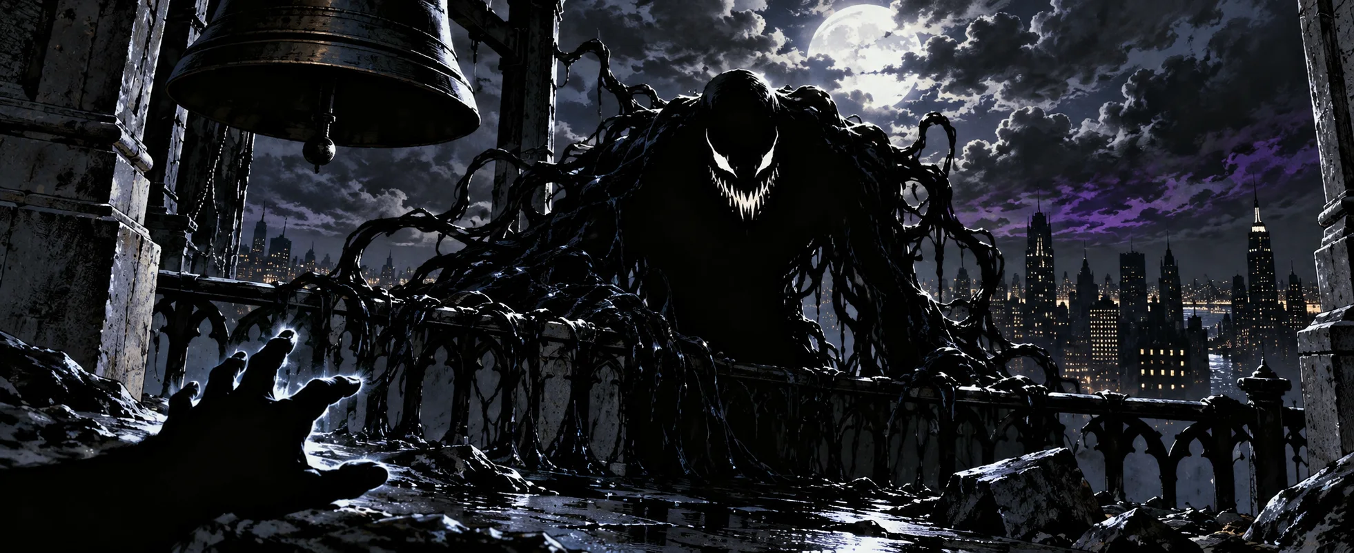 A hulking black creature with a toothy white grin rises from tendrils in a ruined bell tower above a night city.
