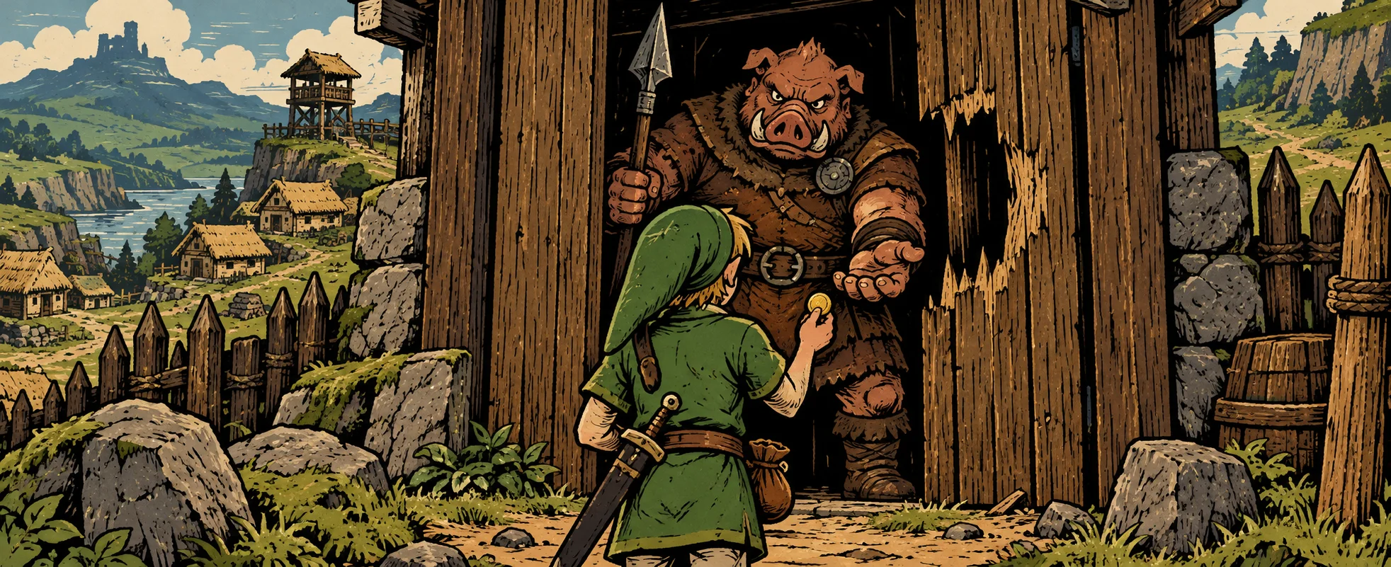 A boar-faced guard at a broken wooden door holds out his hand as a boy in green pays him.