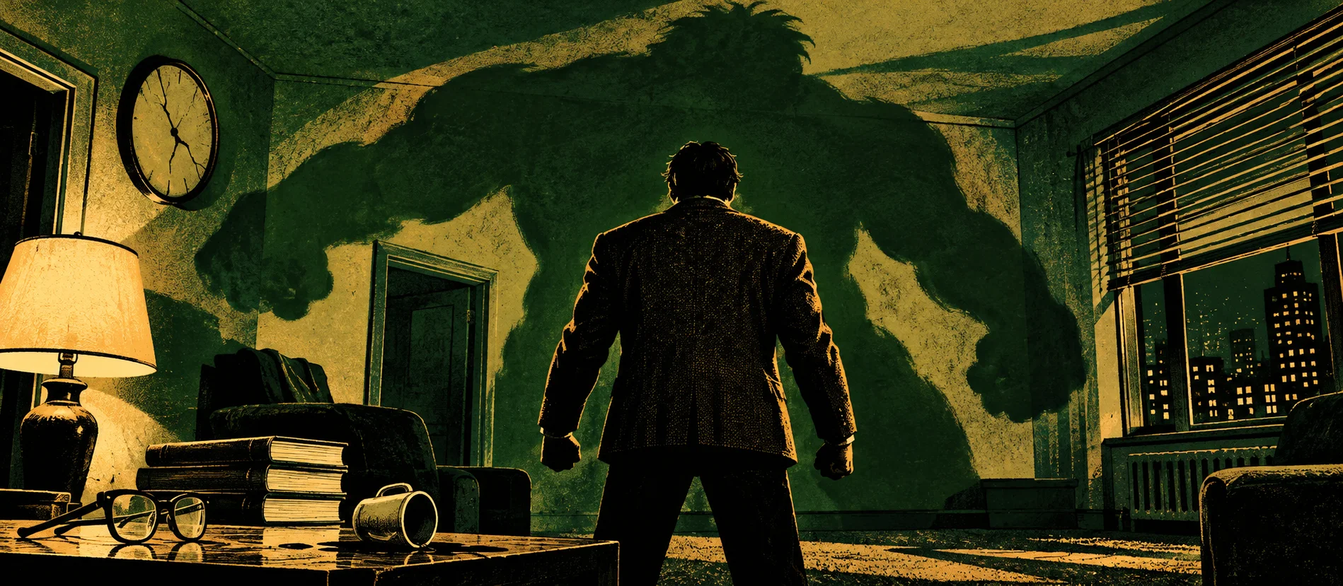 A man in a tweed jacket stands with clenched fists in a lamplit apartment as a giant green shadow with enormous fists looms on the wall behind him.