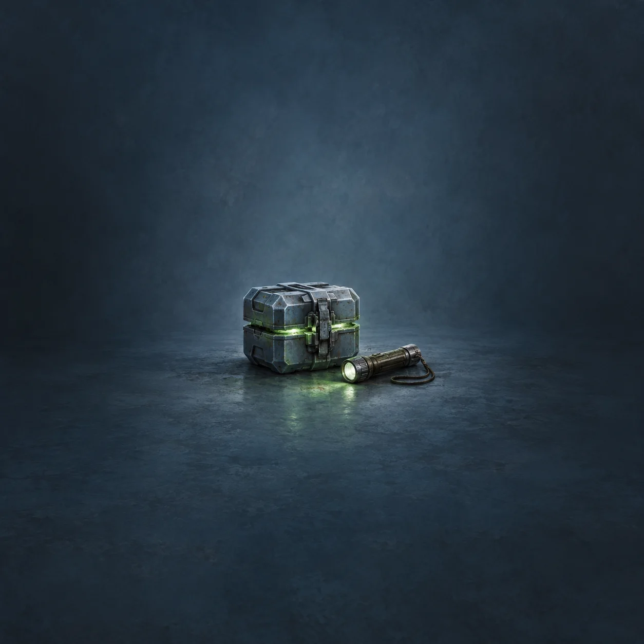 Painterly dark metal case glowing green at its seam beside a lit torch.