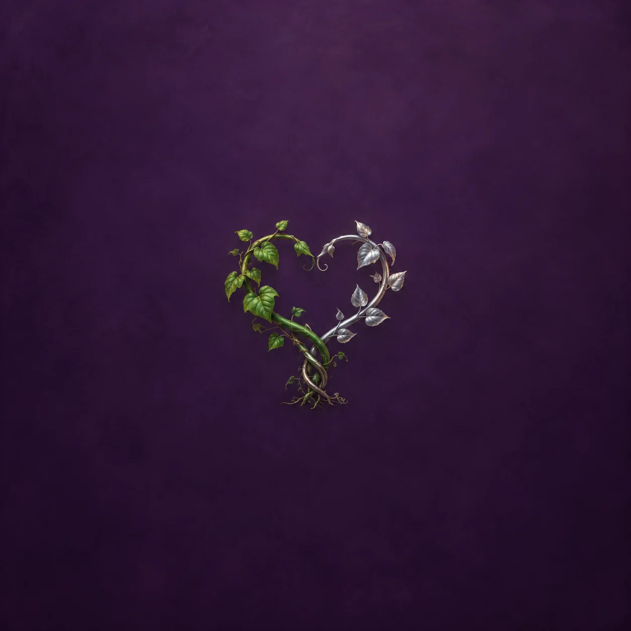 A green leafy vine and a silver leafy vine twist together into a heart shape against a deep purple background.