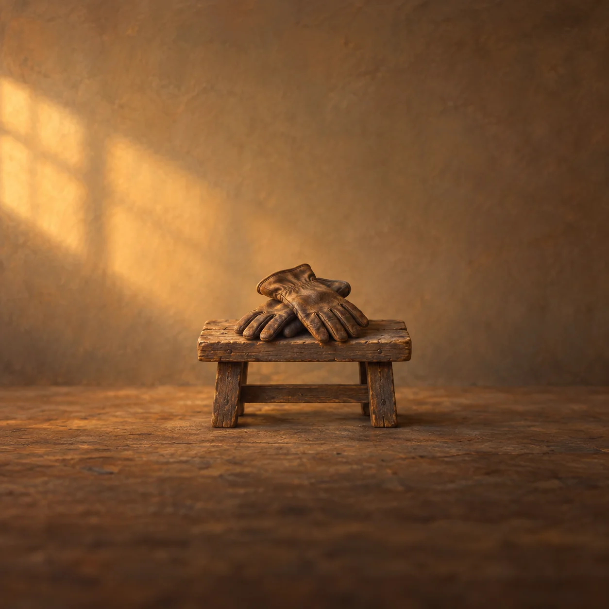 Two worn leather work gloves lie crossed on a small wooden bench in golden window light.