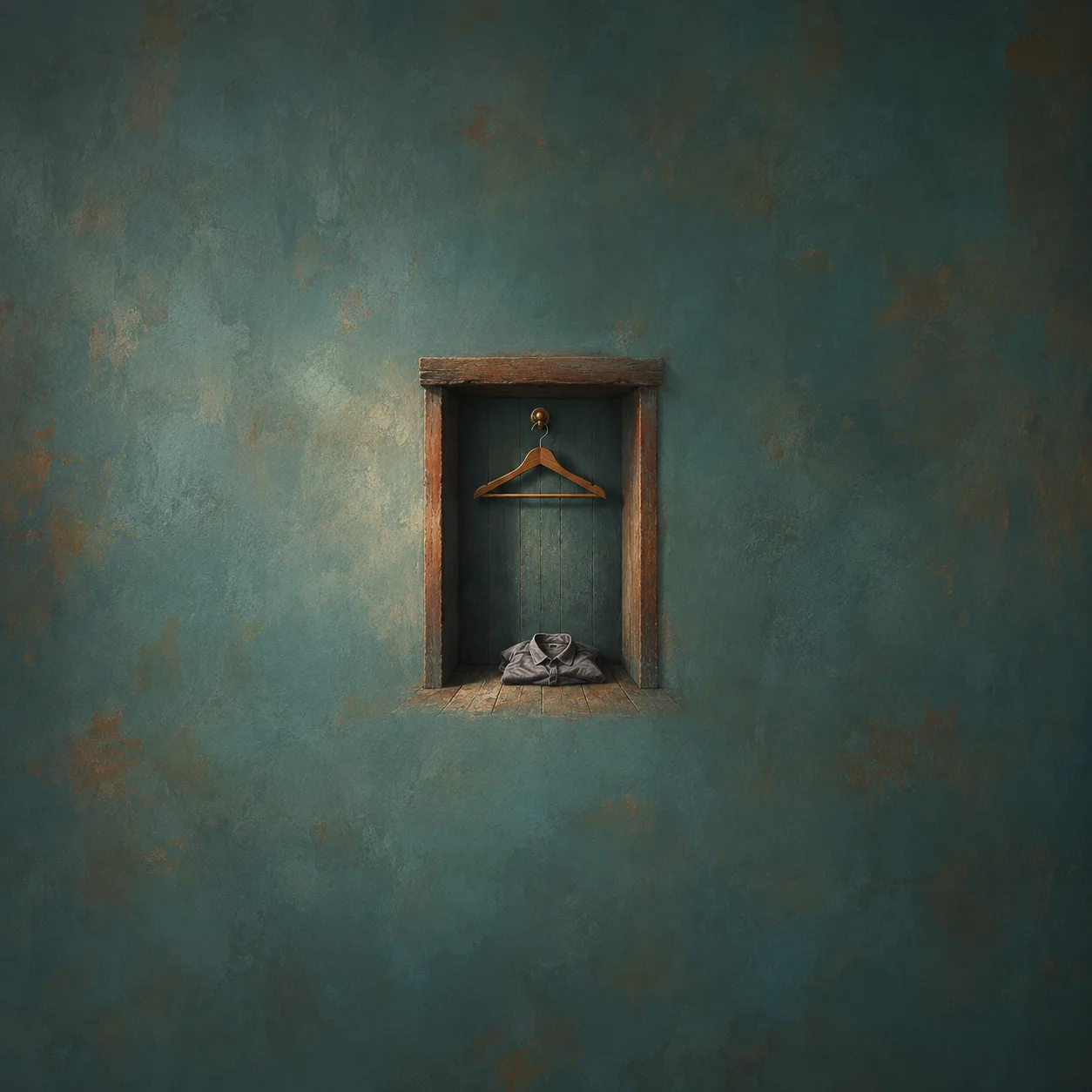An empty wooden hanger hangs in a recessed alcove above a crumpled grey shirt.