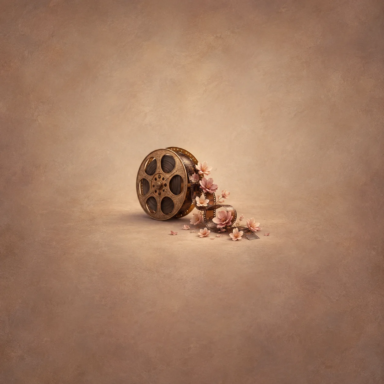 A brass film reel stands beside curled film and scattered pink flowers on a warm beige surface.