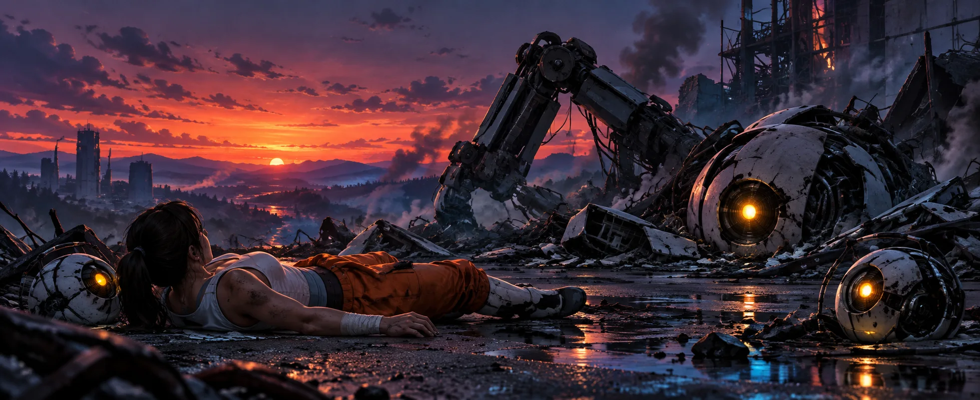 A woman in an orange jumpsuit lies on wet asphalt at sunset among smoking robot wreckage, a huge robotic arm and round glowing-eyed spheres scattered around her.