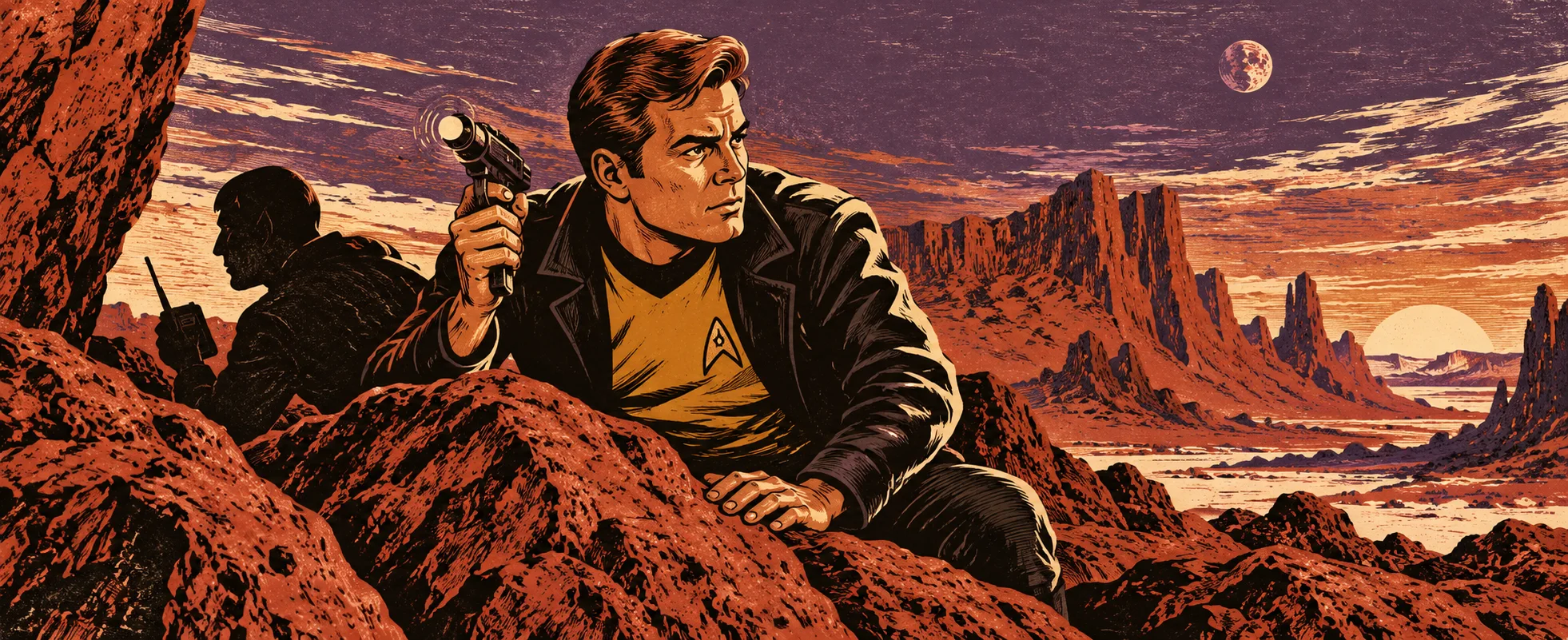 A captain in a gold shirt and dark jacket crouches behind red rocks on an alien world at dusk, phaser raised, a crewman beside him.