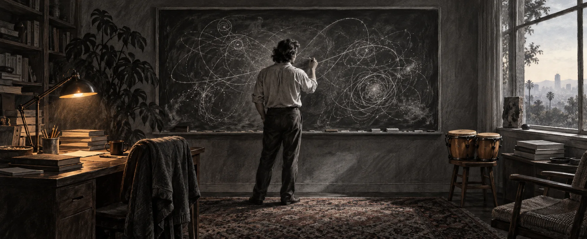 A man in shirtsleeves fills a large chalkboard with diagrams in a dim study, a pair of bongo drums nearby.